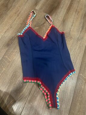 KIINI tasmin Scoop Back Maillot one piece swimsuit crochet trim navy